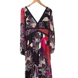 Anthropologie Floral Midi Dress - Black, Red, Purple